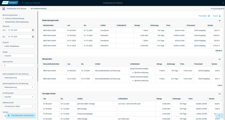 Fremdkosten SLP Strom Tabelle